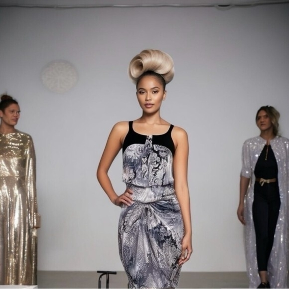 ARBER 100% Silk Gray Black Floral Sleeveless Top Skirt Suit Set Sz M Good Cond